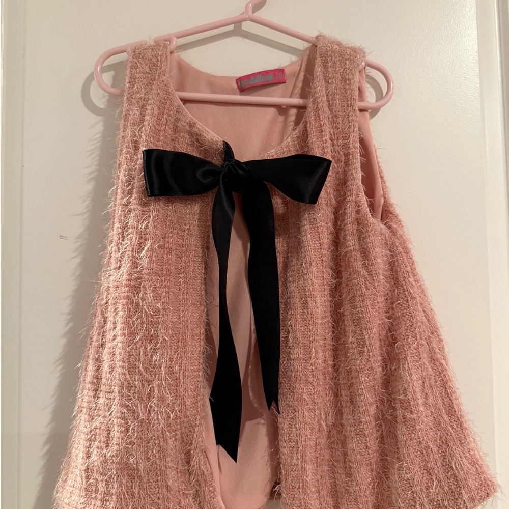 Pink Fuzzy Vest with Black Bow